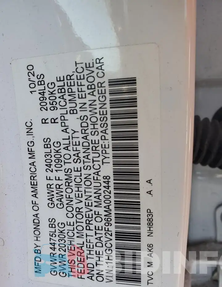 1HGCV2F96MA002448 Photo# 12