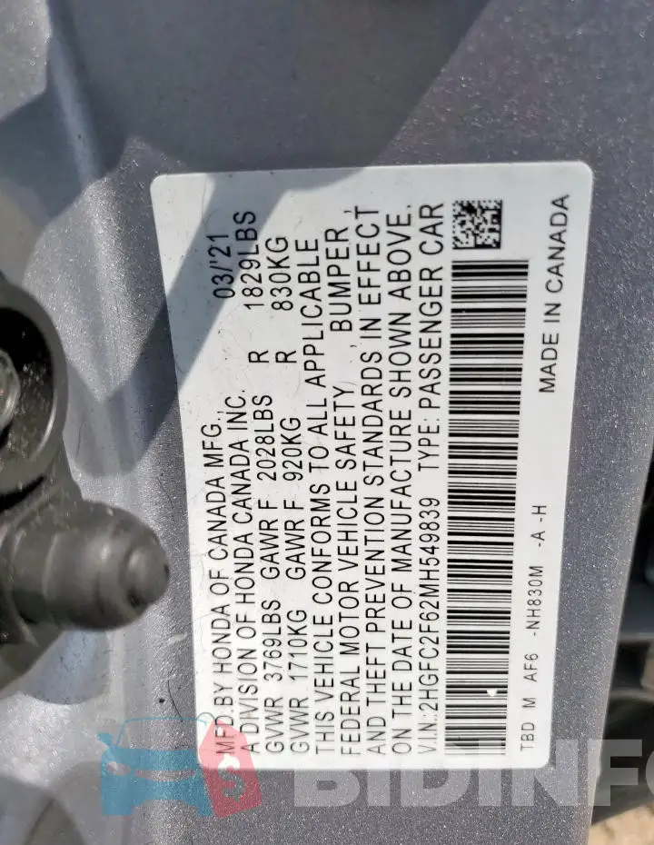 2HGFC2F62MH549839 Photo# 13
