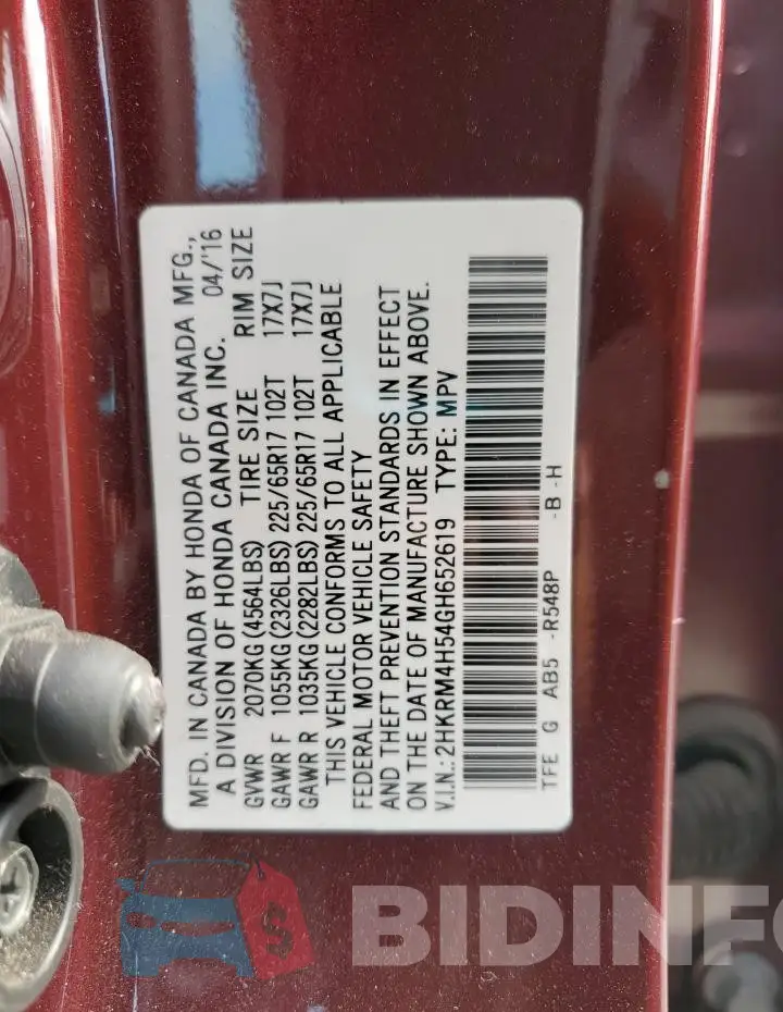2HKRM4H54GH652619 Photo# 14