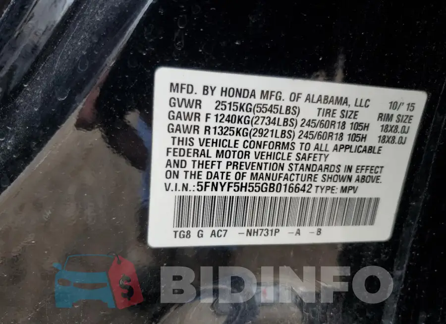 5FNYF5H55GB016642 Photo# 13