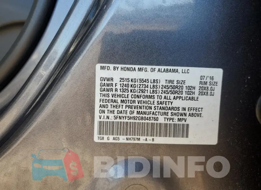 5FNYF5H92GB048760 Photo# 13
