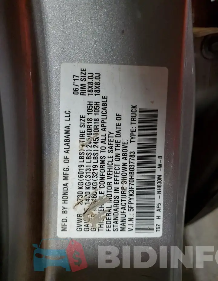 5FPYK3F70HB037783 Photo# 12