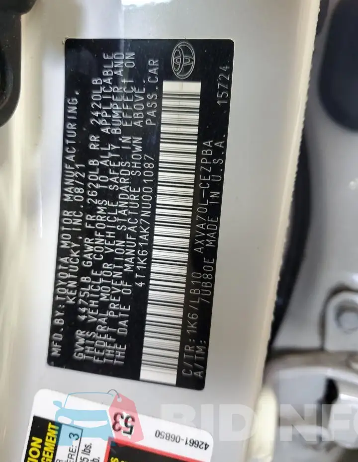4T1K61AK7NU001087 Photo# 12