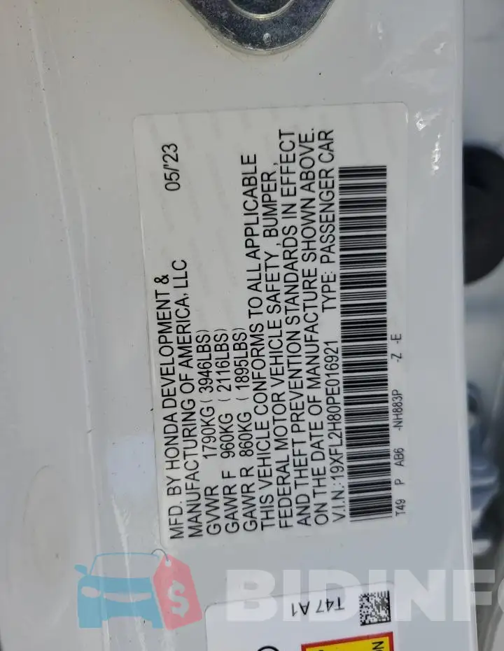 19XFL2H80PE016921 Photo# 13
