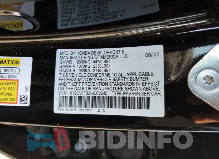 1HGCV1F32NA072245 Photo# 12