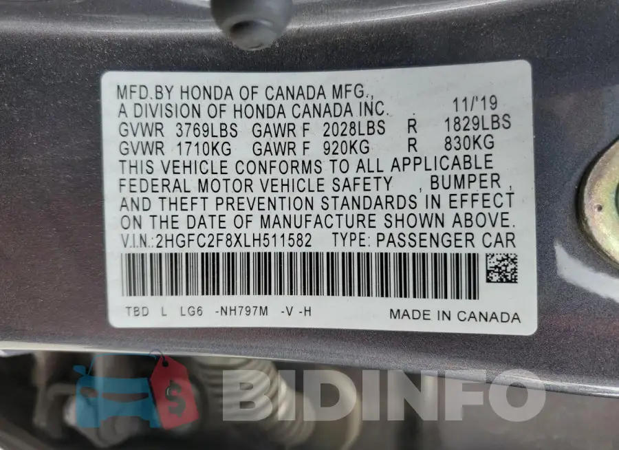 2HGFC2F8XLH511582 Photo# 12