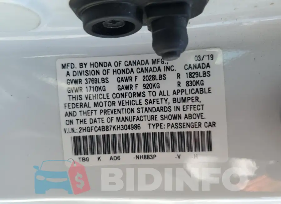 2HGFC4B87KH304986 Photo# 13