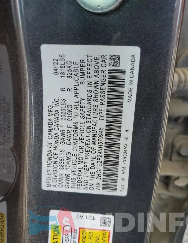 2HGFE2F29NH579946 Photo# 12