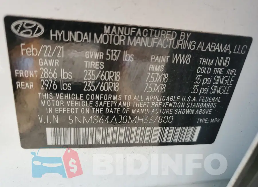 5NMS64AJ0MH337800 Photo# 12