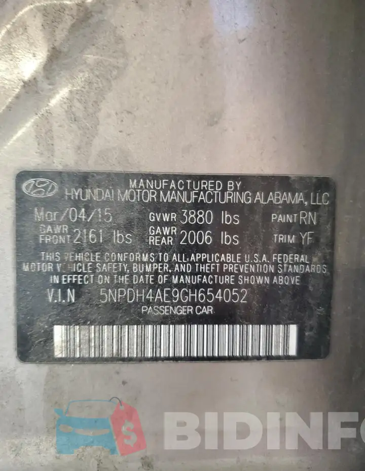 5NPDH4AE9GH654052 Photo# 12