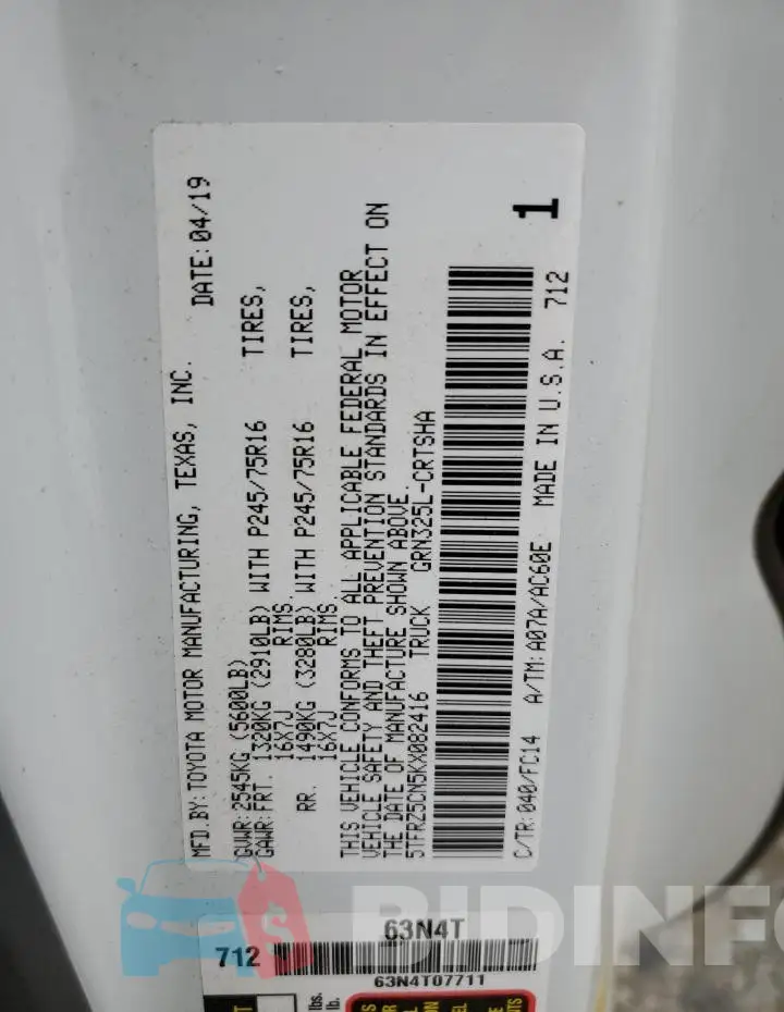 5TFRZ5CN5KX082416 Photo# 13