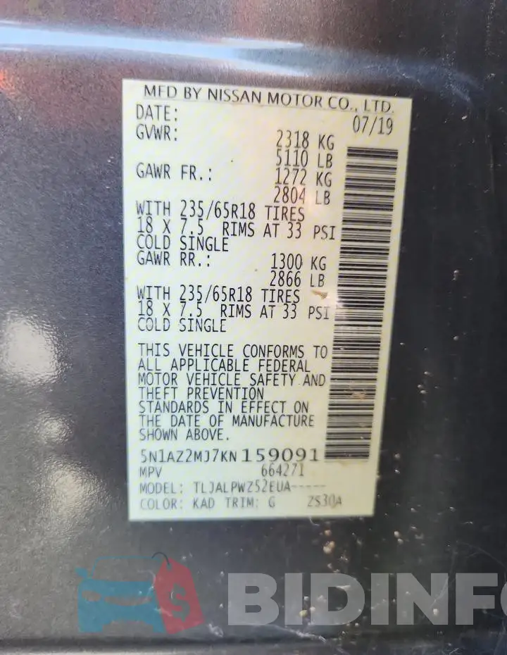 5N1AZ2MJ7KN159091 Photo# 13