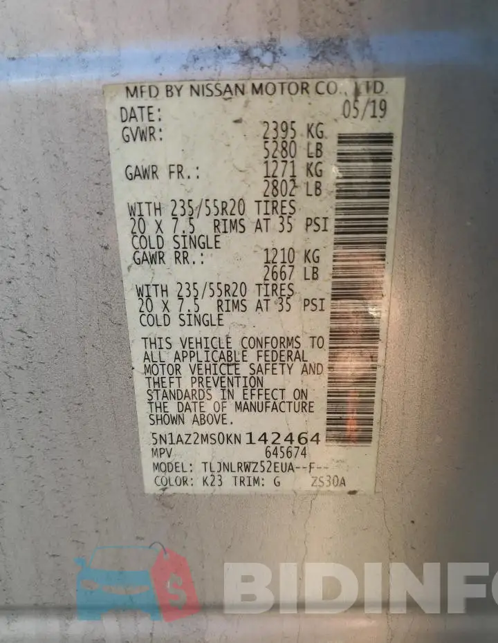 5N1AZ2MS0KN142464 Photo# 13