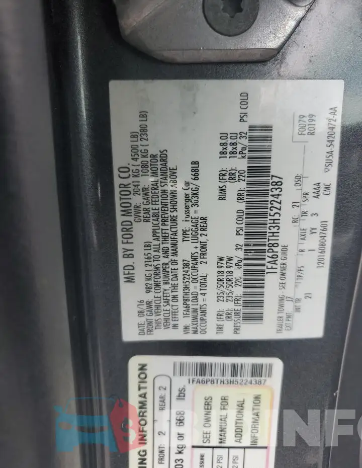 1FA6P8TH3H5224387 Photo# 12