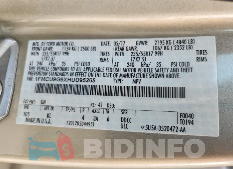 1FMCU9G9XHUD95265 Photo# 13