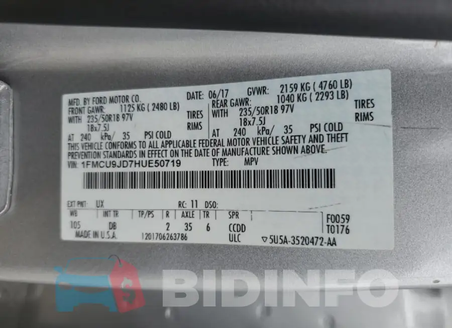 1FMCU9JD7HUE50719 Photo# 13