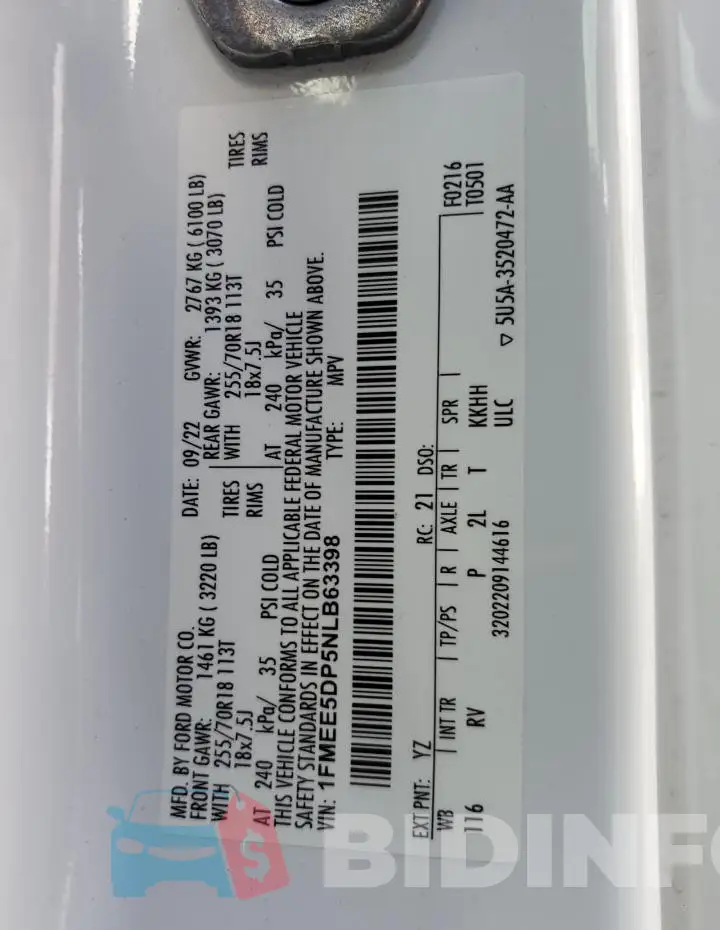1FMEE5DP5NLB63398 Photo# 12
