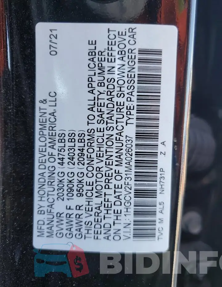 1HGCV2F31MA026037 Photo# 13