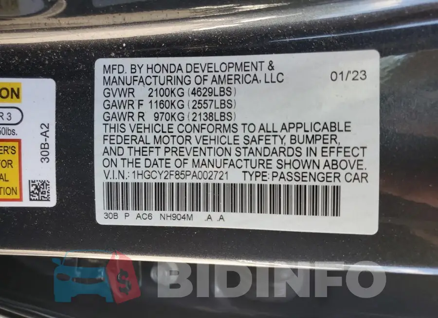 1HGCY2F85PA002721 Photo# 12