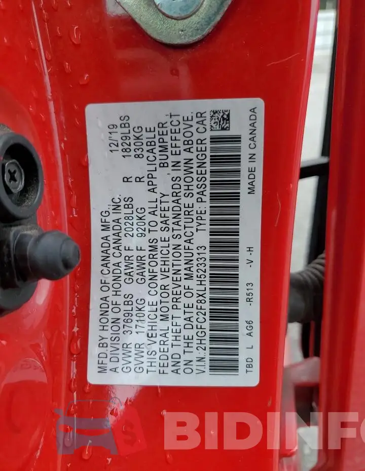 2HGFC2F8XLH523313 Photo# 12