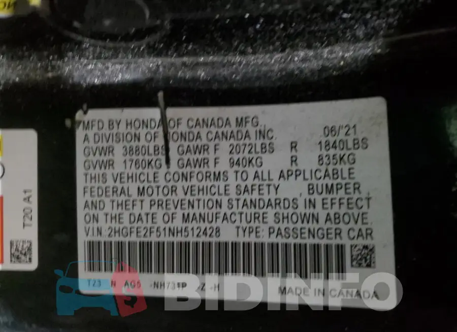 2HGFE2F51NH512428 Photo# 12