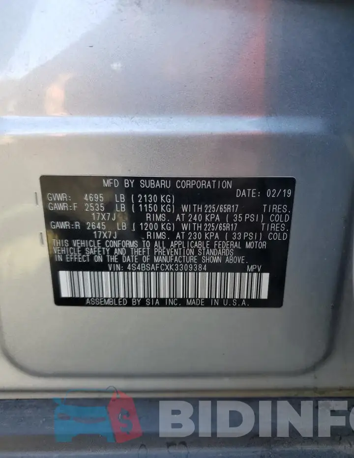 4S4BSAFCXK3309384 Photo# 13