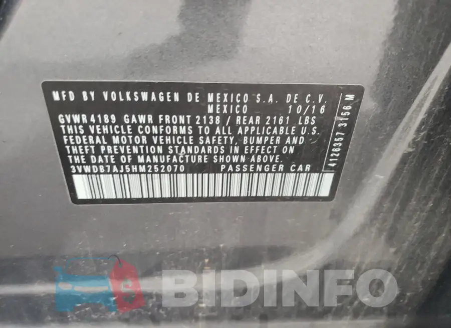 3VWDB7AJ5HM252070 Photo# 13
