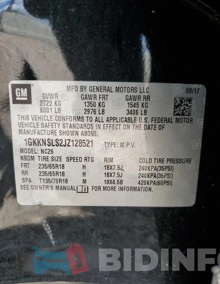 1GKKNSLS2JZ128521 Photo# 13