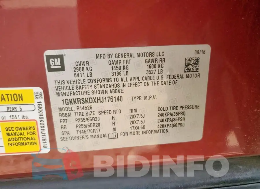 1GKKRSKDXHJ176140 Photo# 13