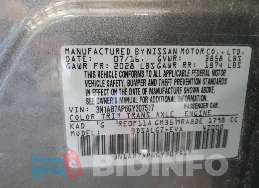 3N1AB7AP6GY307517 Photo# 12