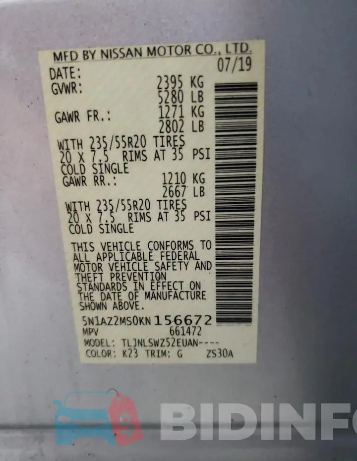 5N1AZ2MS0KN156672 Photo# 13