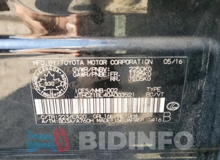 JTHCZ1BL4GA003521 Photo# 13