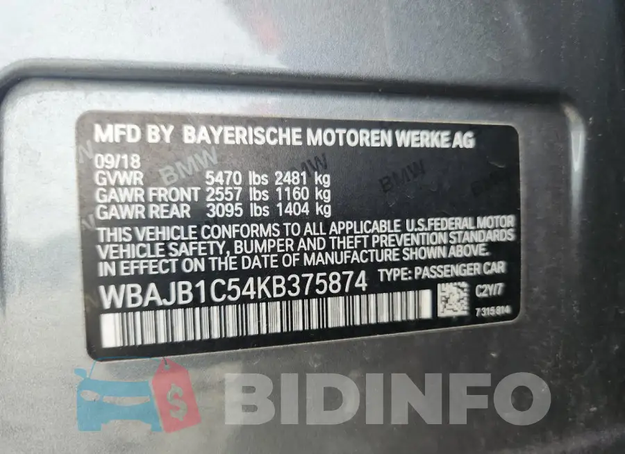 WBAJB1C54KB375874 Photo# 13