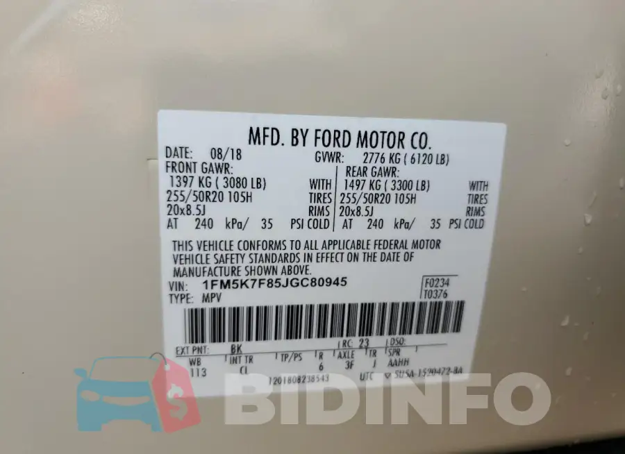 1FM5K7F85JGC80945 Photo# 13
