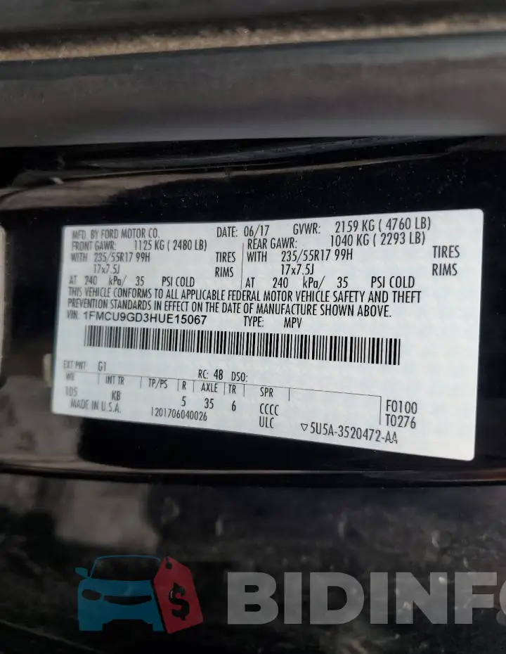 1FMCU9GD3HUE15067 Photo# 12