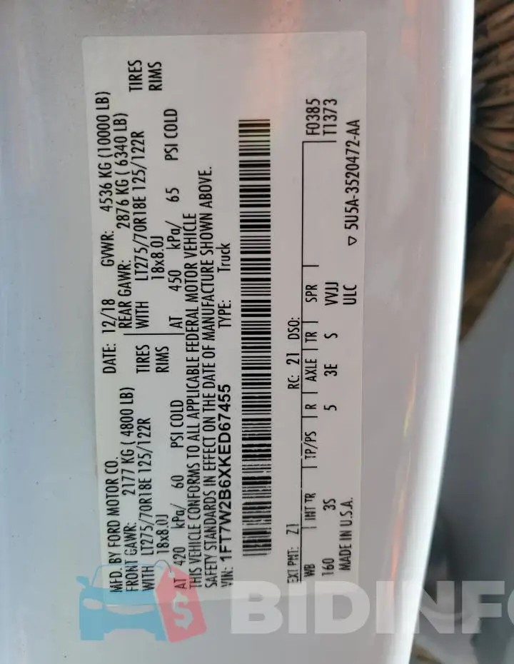 1FT7W2B6XKED67455 Photo# 12