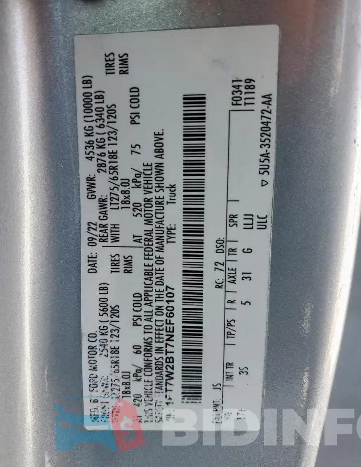 1FT7W2BT7NEF60107 Photo# 12