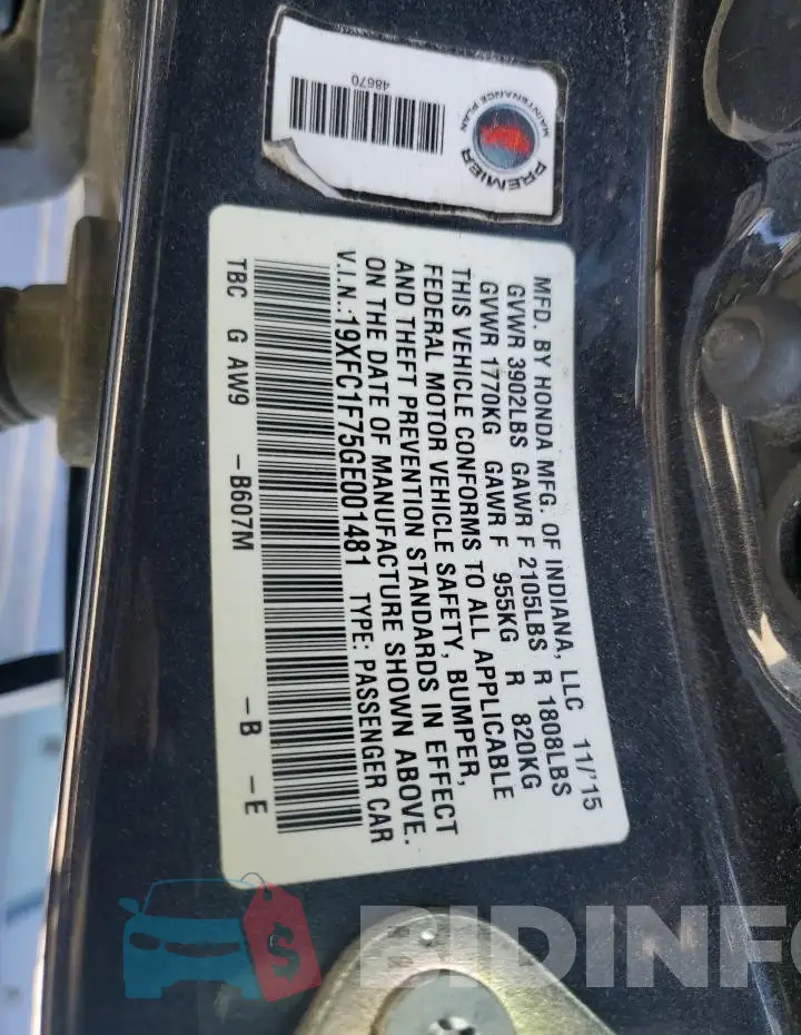 19XFC1F75GE001481 Photo# 13