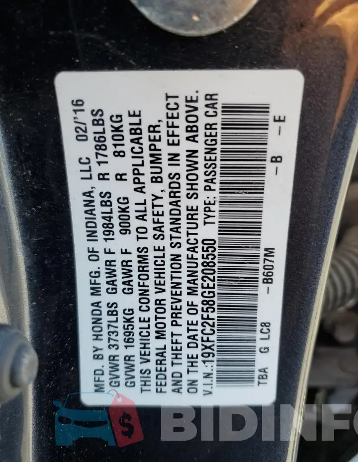 19XFC2F58GE208550 Photo# 12