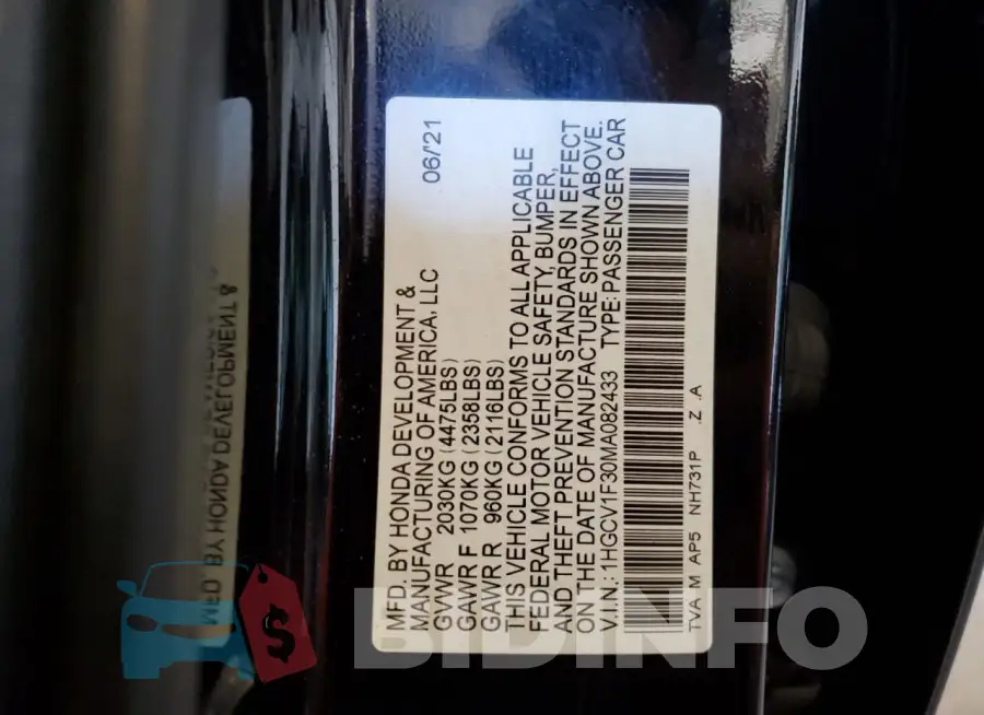 1HGCV1F30MA082433 Photo# 12