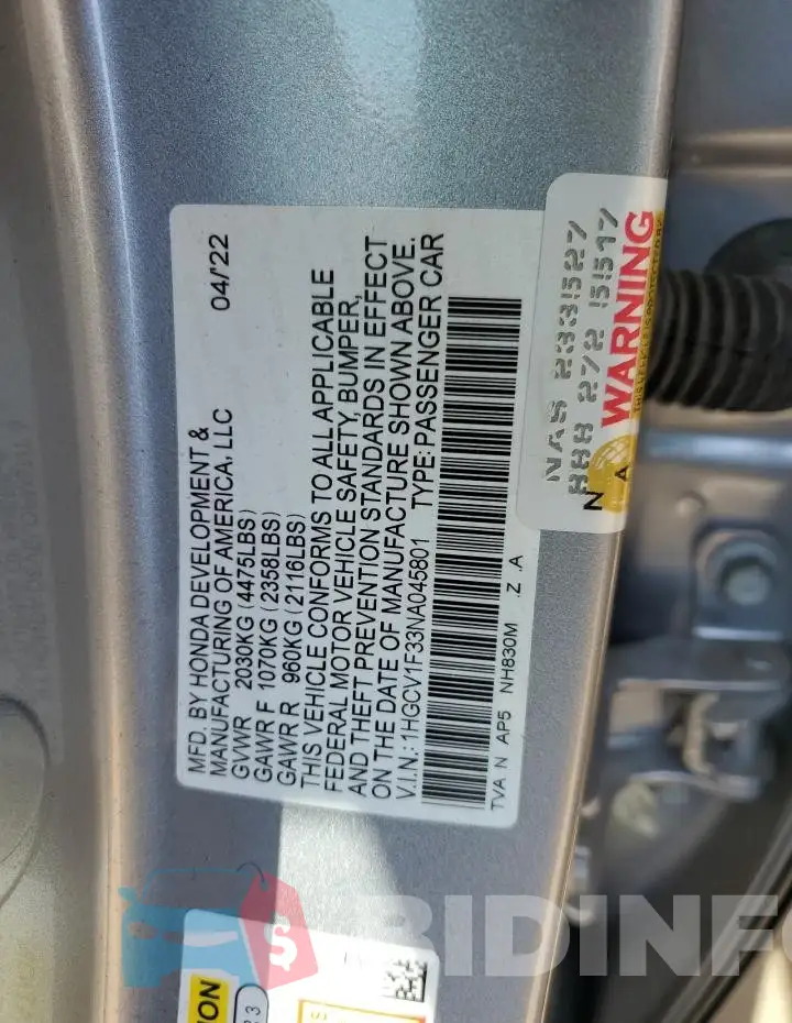 1HGCV1F33NA045801 Photo# 12