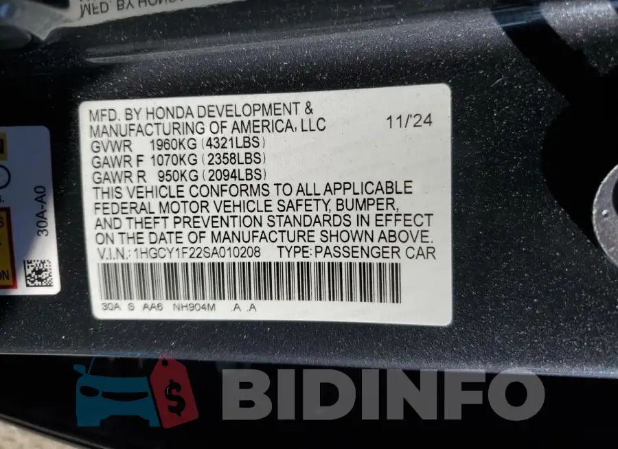 1HGCY1F22SA010208 Photo# 12