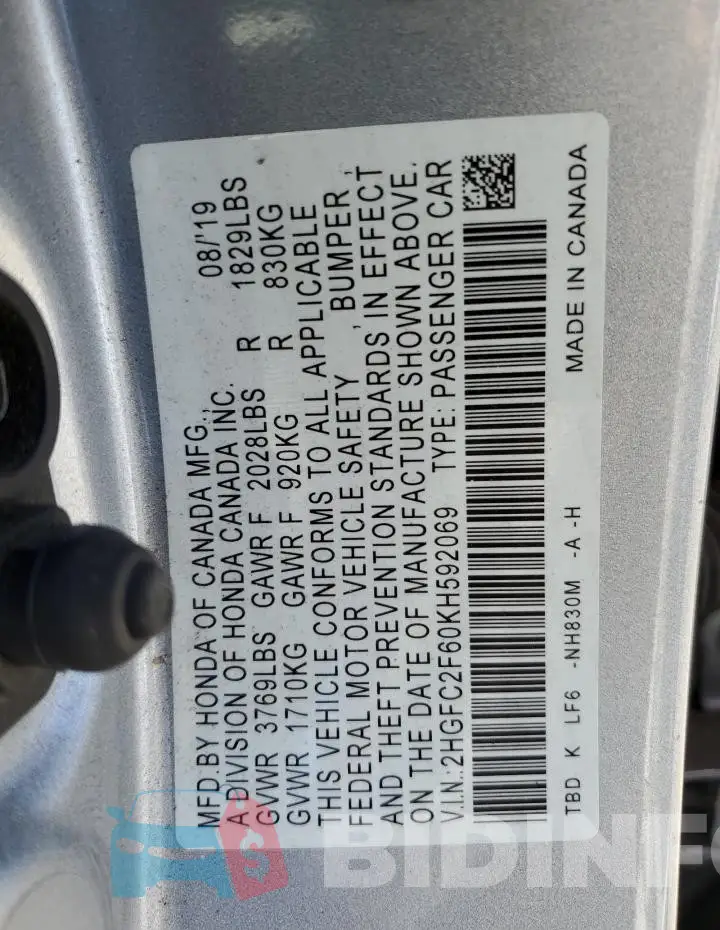 2HGFC2F60KH592069 Photo# 12