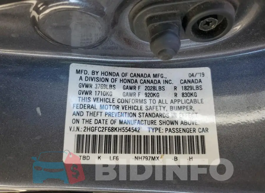 2HGFC2F68KH554542 Photo# 12