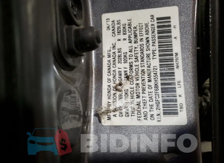 2HGFC2F68KH554721 Photo# 13