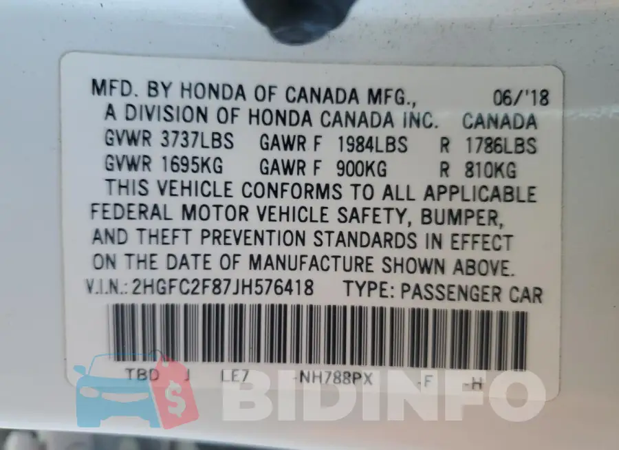 2HGFC2F87JH576418 Photo# 12