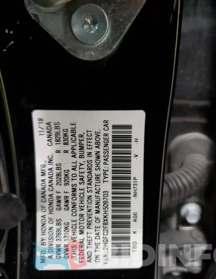 2HGFC2F8XKH509703 Photo# 12