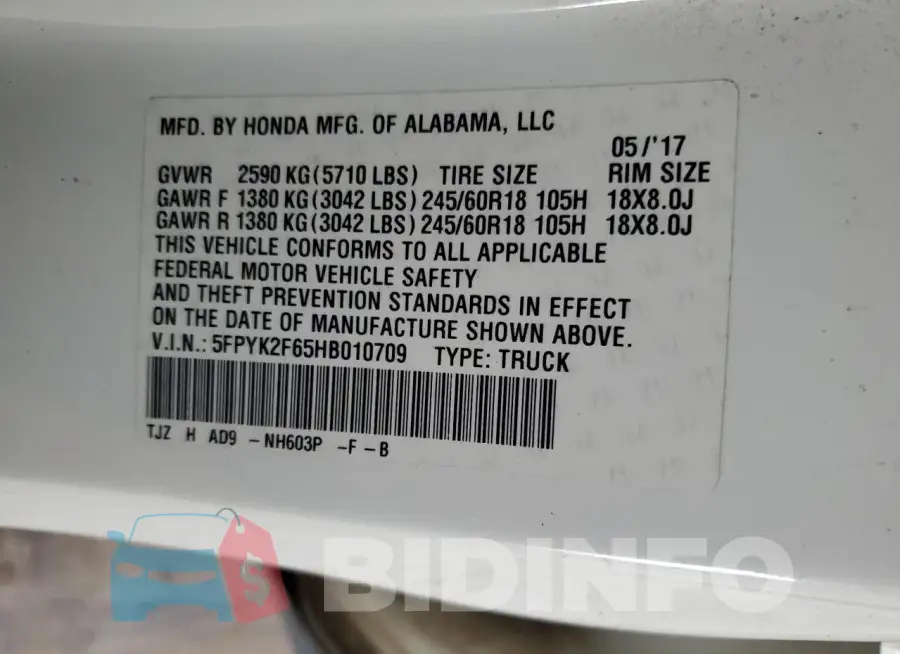 5FPYK2F65HB010709 Photo# 13