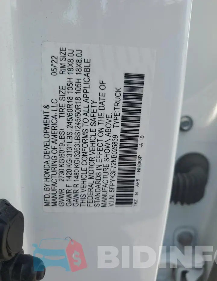 5FPYK3F72NB025839 Photo# 12