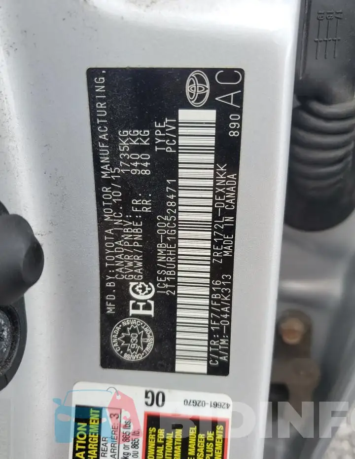 2T1BURHE1GC528471 Photo# 13